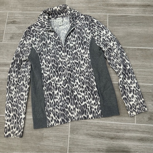 Zenergy Chico's Cheetah animal Print gray zip Sweater Cashmere Blend Sz 0 = s/4 - Picture 7 of 8